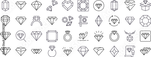 Collection of Jewelry Related Line Icons. Diamond and Gem Outline Signs for Graphic and Web Design, Apps, Adverts, Various Cards