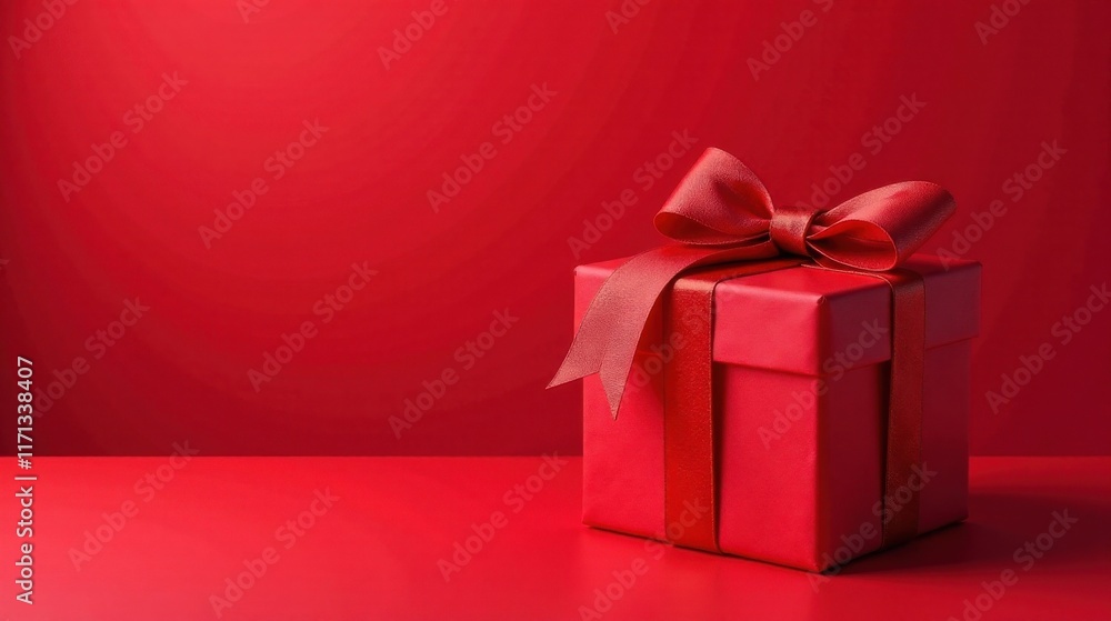 A single red gift box with a large red ribbon bow sits on a matching red surface against a red backdrop A single red gift box with a large red ribbon bow sits on a matching red surface against a red backdrop
