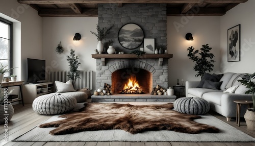 Cozy Cabin Living Room with Stone Fireplace