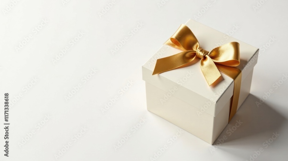 Obraz premium A single off-white gift box with a golden ribbon bow sits on a white background
