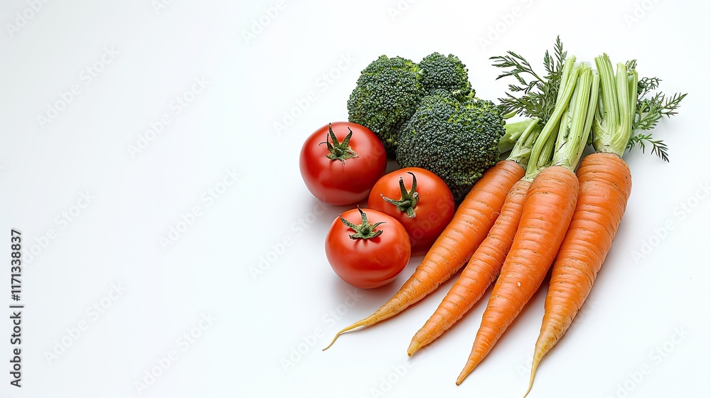 Fresh carrots, tomatoes, and broccoli creating a vibrant healthy food display