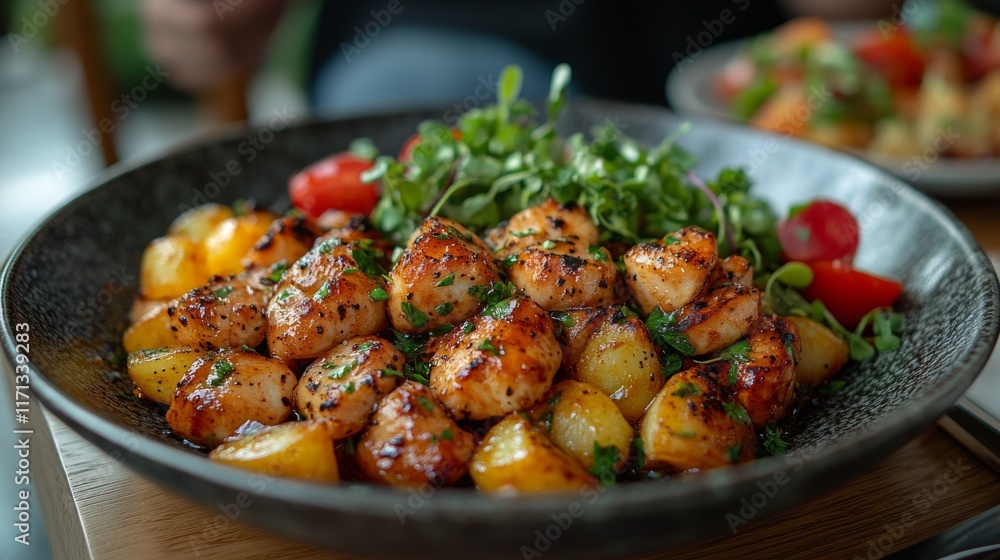 Close-up of savory pan-seared chicken pieces with roasted potatoes, cherry tomatoes, and microgreens in a dark bowl. Close-up of savory pan-seared chicken pieces with roasted potatoes, cherry tomatoes, and microgreens in a dark bowl.