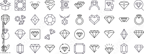 Jewelry Line Icon Set. Diamond and Gem Outline Signs for Graphic and Web Design, Apps, Adverts, Various Cards