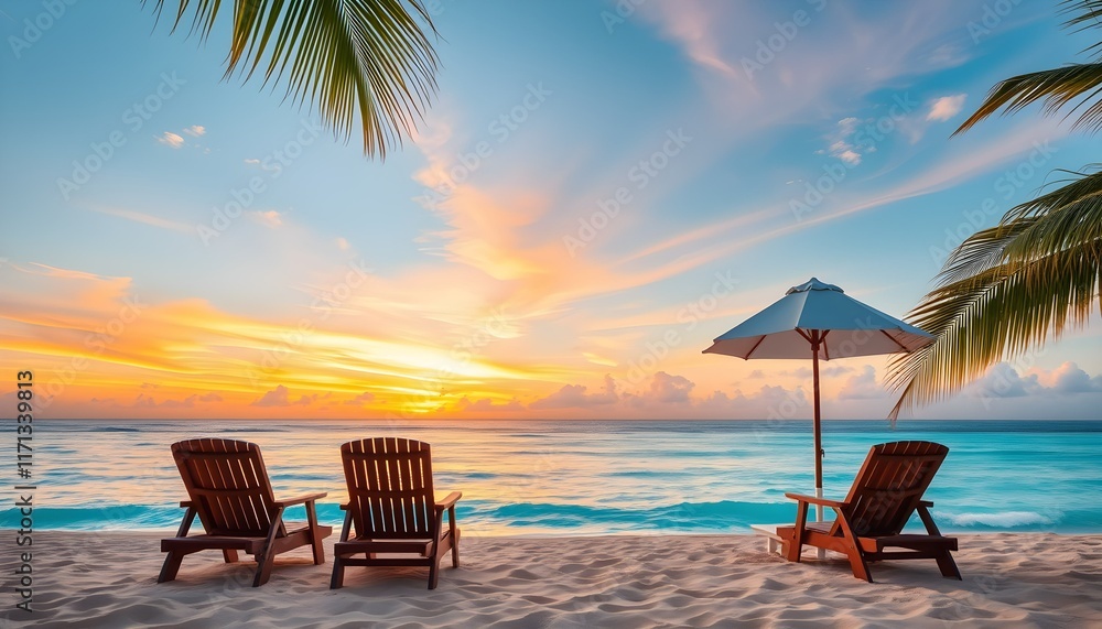 Obraz premium Tropical beach paradise, golden sunset, turquoise ocean waves, white sand beach, wooden lounge chairs, beach umbrella, palm fronds, colorful sky, serene atmosphere, idyllic vacation scene