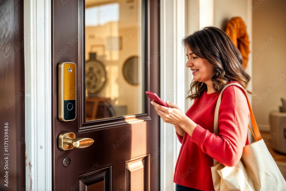 Mobile Access Control. Woman in red sweater using smartphone to unlock smart door lock at residential entrance.