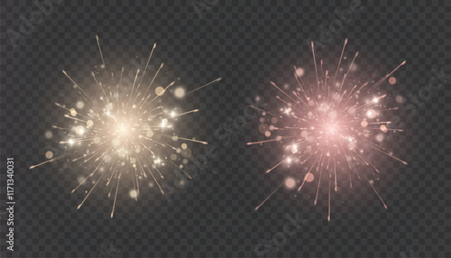 Fireworks. Colorful explosion of multicolored bright fireworks lights isolated on transparent background. Vector