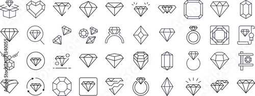 Jewelry Line Icon Pack. Diamond and Gem Outline Signs for Graphic and Web Design, Apps, Adverts, Various Cards