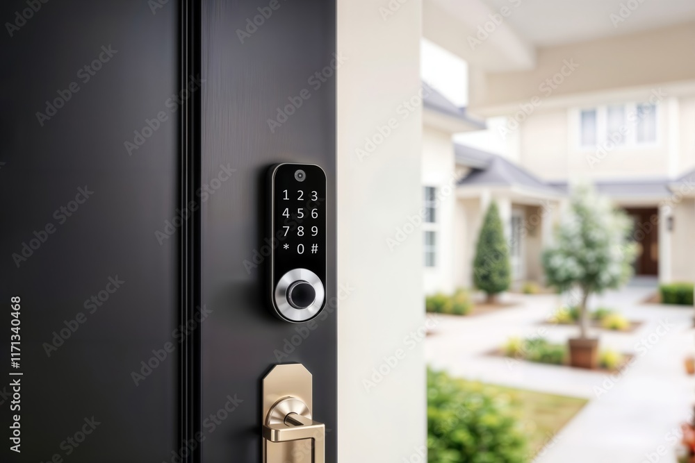 Smart Home Security Lock. Modern black digital keypad lock installed on residential front door with landscaped courtyard in background.