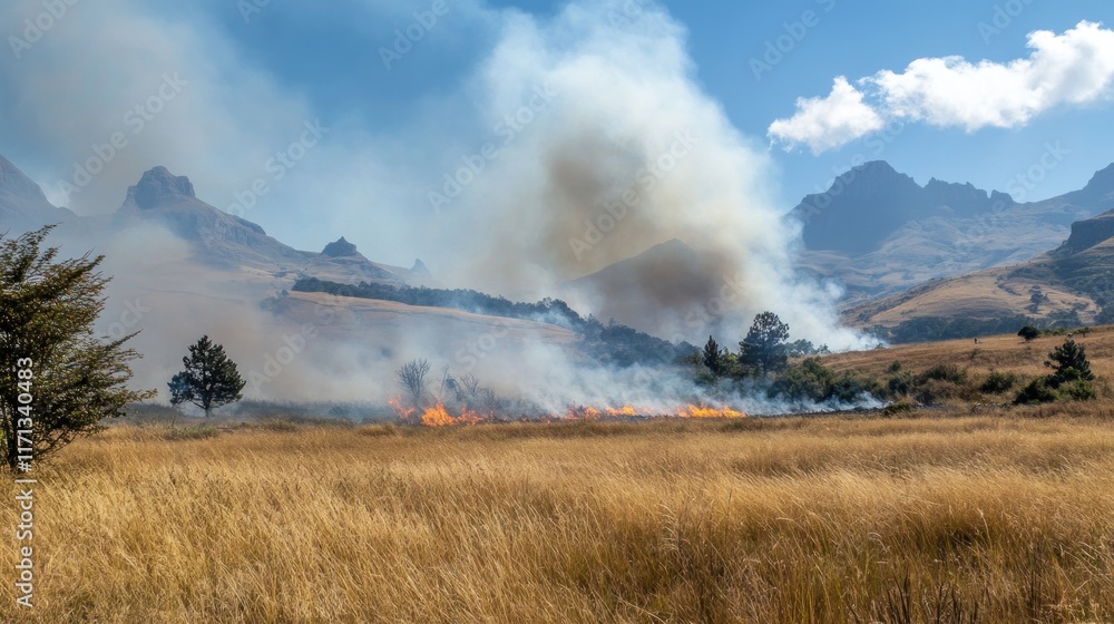 A landscape affected by wildfire, with smoke rising and flames visible in dry grasslands.