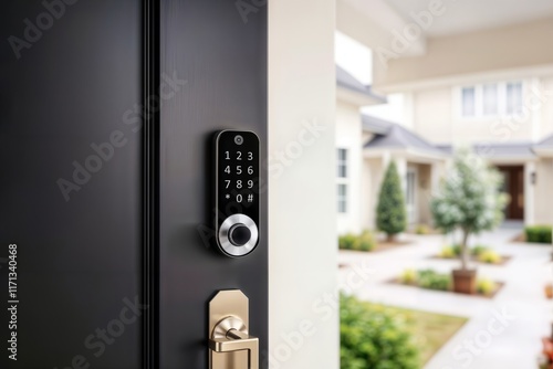 Obraz na płótnie Smart Home Security Lock. Modern black digital keypad lock installed on residential front door with landscaped courtyard in background. w salonie