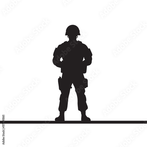 A silhouette of a soldier stands with hands behind On White background