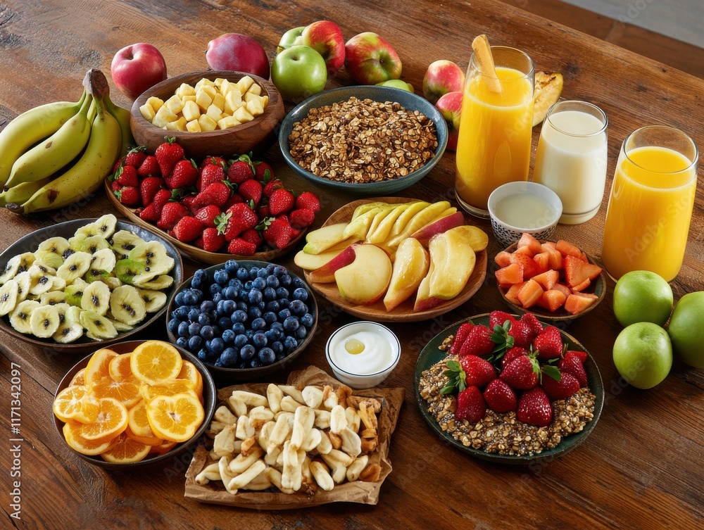 A Vibrant Display of Fresh Fruits, Granola, and Juices Arranged Beautifully on a Wooden Table Perfect for a Healthy Breakfast or Snack Spread A Vibrant Display of Fresh Fruits, Granola, and Juices Arranged Beautifully on a Wooden Table Perfect for a Healthy Breakfast or Snack Spread