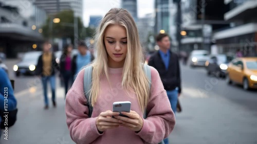 a woman walking on a city street holding a phone and looking at it. The image represents social media addiction, mobile device usage, and wireless data transfer concepts.