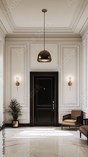 Modern Residential Foyer with Black Door, Gold Lighting, and Marble Floor