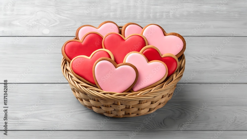 Basket of heart-shaped cookies with red and pink icing on wooden background Basket of heart-shaped cookies with red and pink icing on wooden background