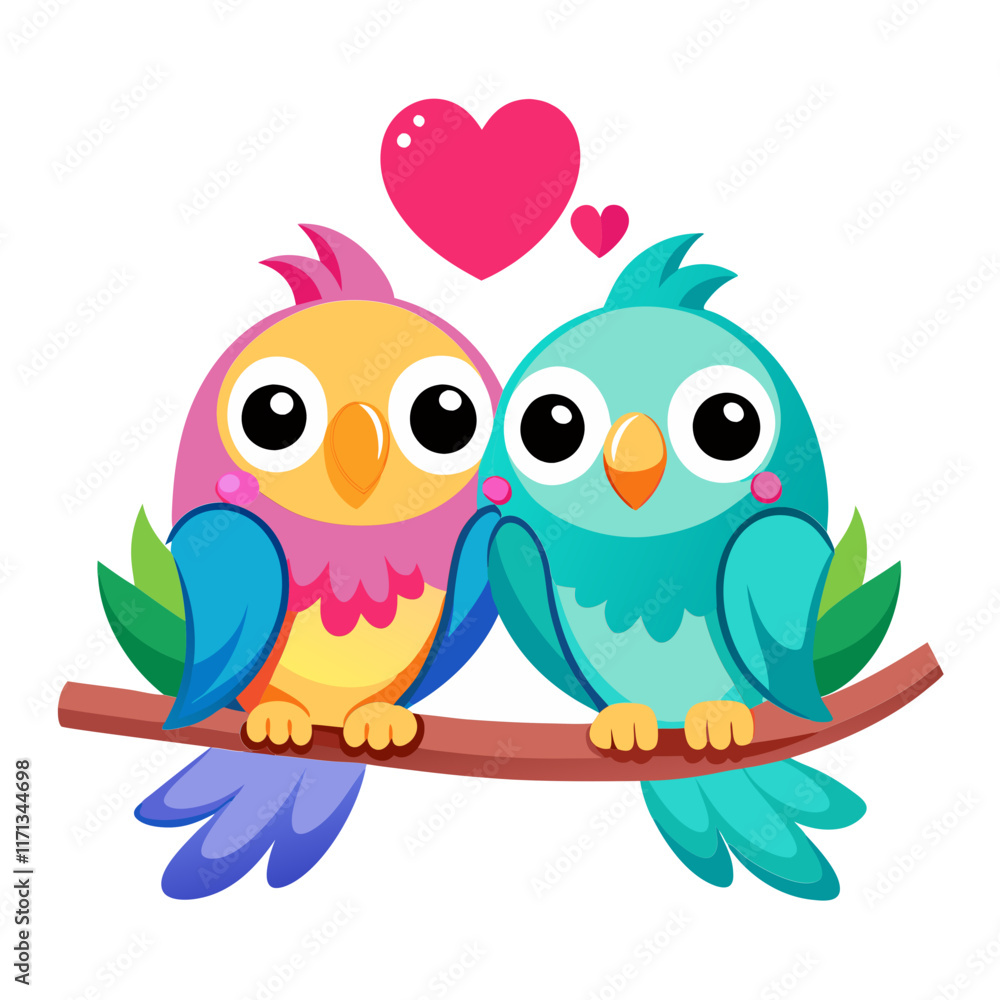 Fototapeta premium Cute cartoon lovebirds, colorful parrots vector illustration