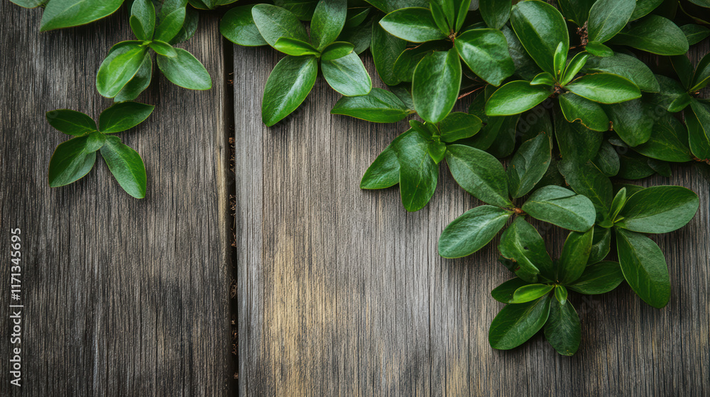 Lush green leaves on rustic wooden background create serene atmosphere, perfect for nature themed designs or organic product displays Lush green leaves on rustic wooden background create serene atmosphere, perfect for nature themed designs or organic product displays