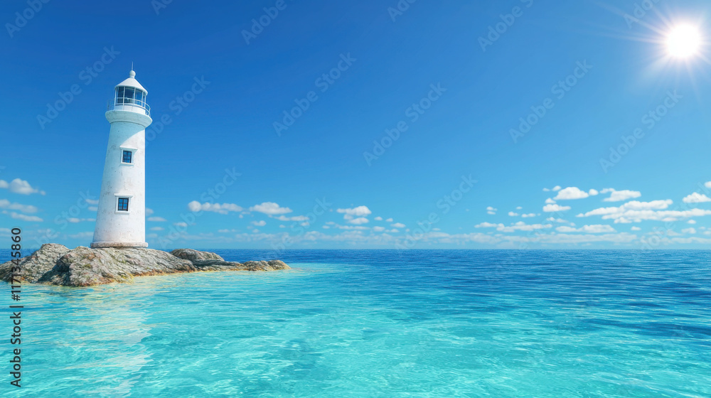 Tranquil Island with Crystal Clear Waters and a White Lighthouse Under Bright Sky Tranquil Island with Crystal Clear Waters and a White Lighthouse Under Bright Sky