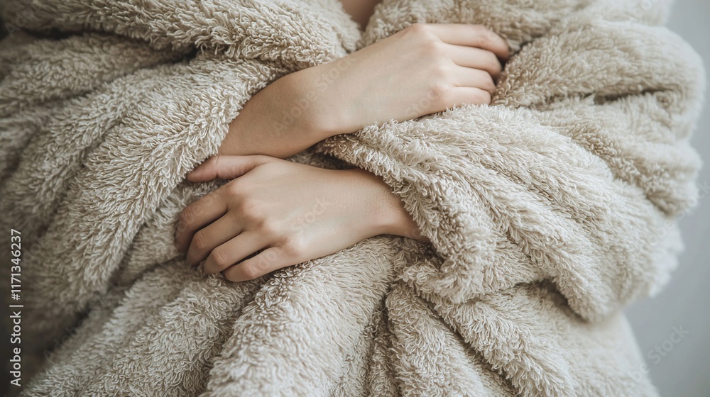 Woman's hands embracing a fluffy beige blanket. Woman's hands embracing a fluffy beige blanket.