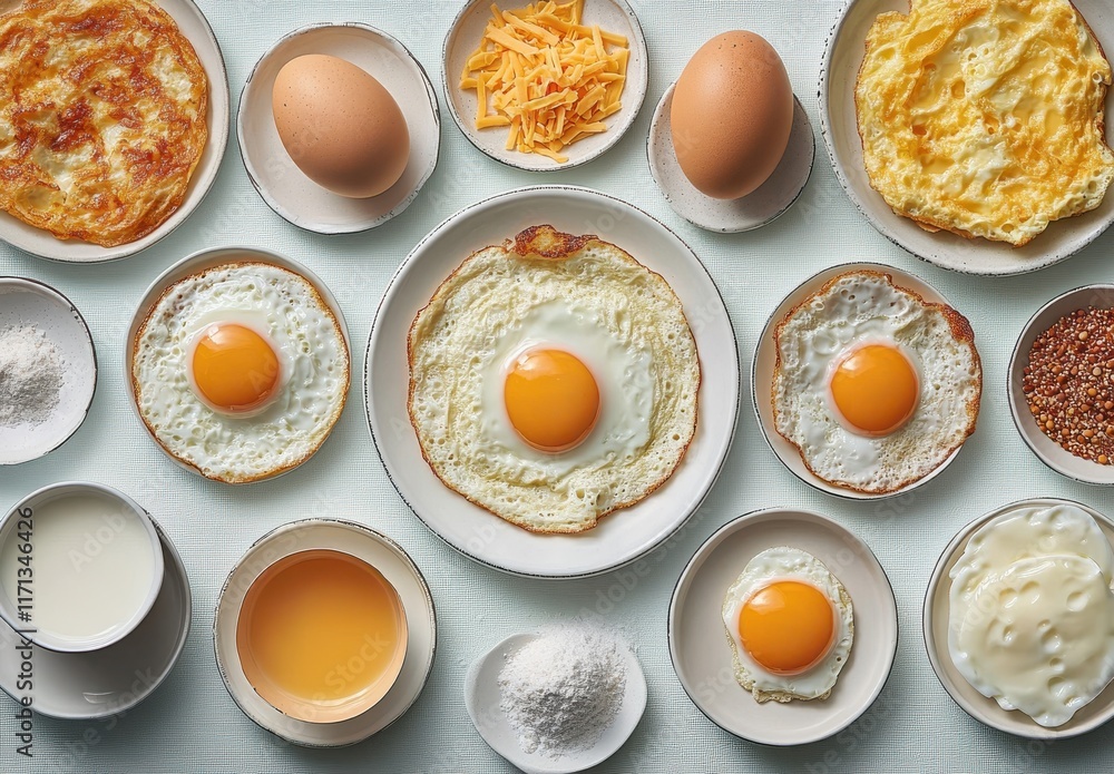 Assorted Ingredients for Breakfast Featuring Eggs, Milk, Cheese, and Flour Arranged in Bowls and Plates on a Light Background Assorted Ingredients for Breakfast Featuring Eggs, Milk, Cheese, and Flour Arranged in Bowls and Plates on a Light Background