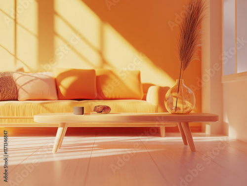 A close-up shot of a trendy, peach-colored interior featuring a minimal living room with a wooden coffee table positioned near a sofa