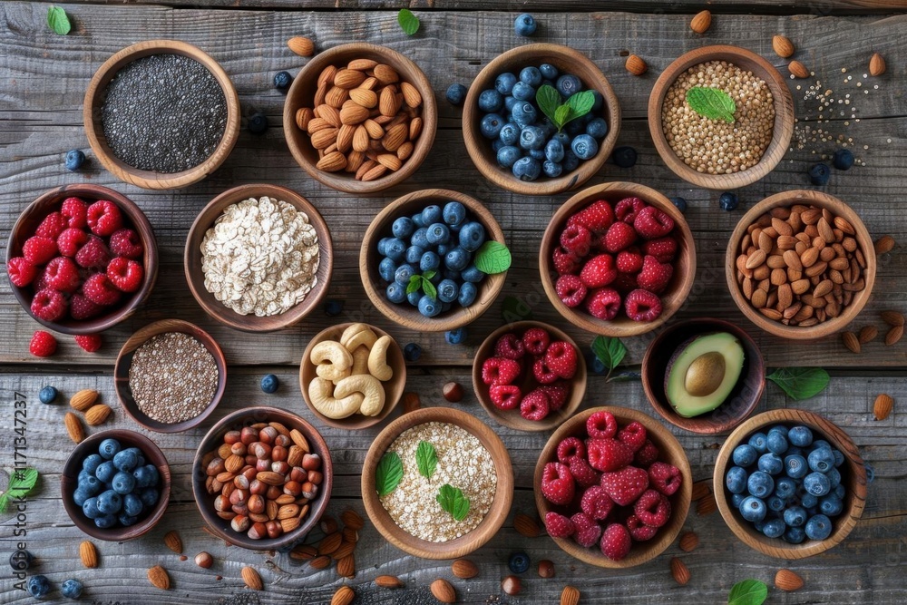 Healthy Food Bowls with Nuts, Seeds, Berries, and Oats Healthy Food Bowls with Nuts, Seeds, Berries, and Oats