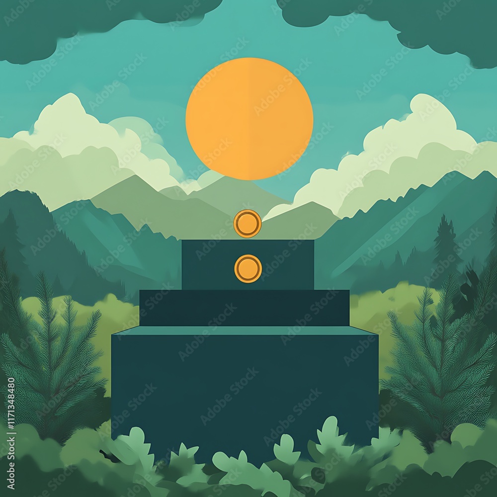 Abstract Mountain Landscape with Three Tiered Platform