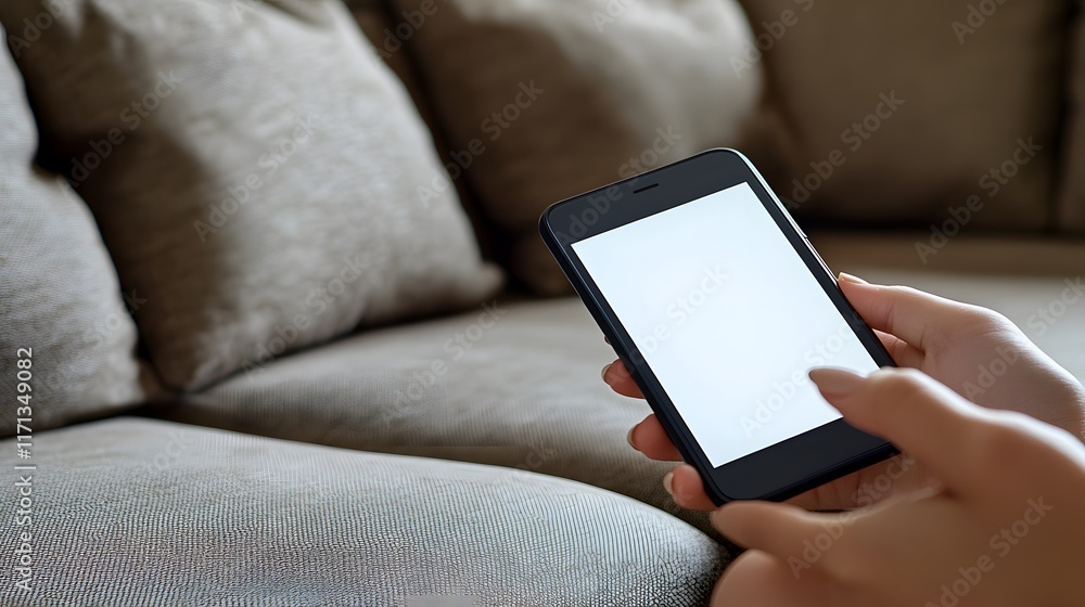 Woman using smartphone on a sofa comfortably Woman using smartphone on a sofa comfortably
