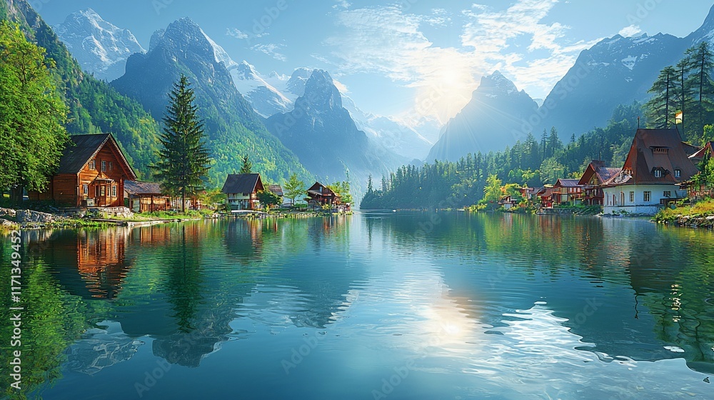 Obraz premium Picturesque alpine village nestled beside a calm lake reflecting majestic mountains under a sunny sky.