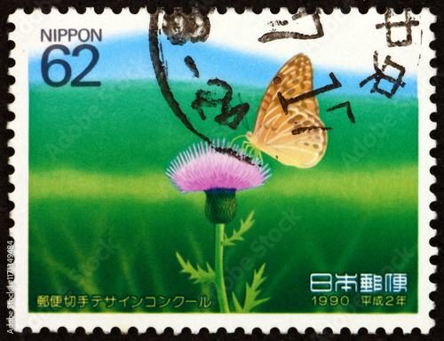 Postage stamp Japan 1990 butterfly on thistle