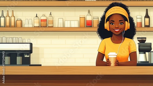 A smiling African American woman with headphones on, wearing a yellow t-shirt, holds a cup of coffee behind a counter in a coffee shop.