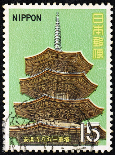 Obraz na płótnie Postage stamp Japan 1969 Octagonal Three-storied Pagoda, Anrakuji Temple, Nagano w salonie