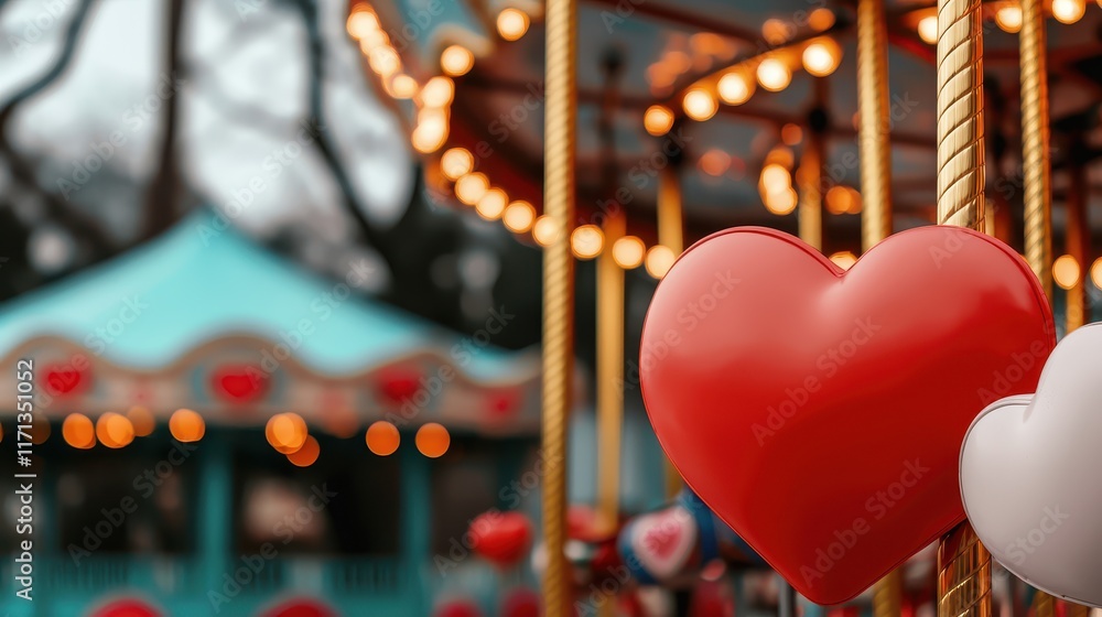 Valentine Festival Concept, Romantic Carousel with Glowing Lights and Heart Decorations for Valentine's Day Celebrations Valentine Festival Concept, Romantic Carousel with Glowing Lights and Heart Decorations for Valentine's Day Celebrations