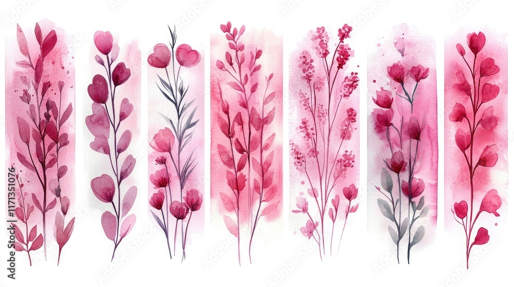Fototapeta premium Watercolor floral set of eight pink and purple botanical illustrations.