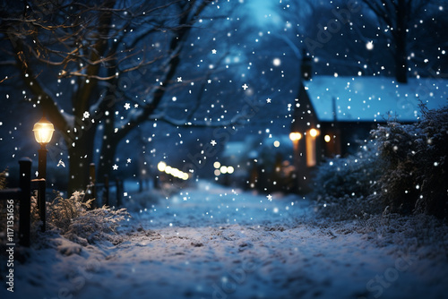 serene and enigmatic ambiance of a snowy night is created by harmonious blend of moonlight and snowflakes photo