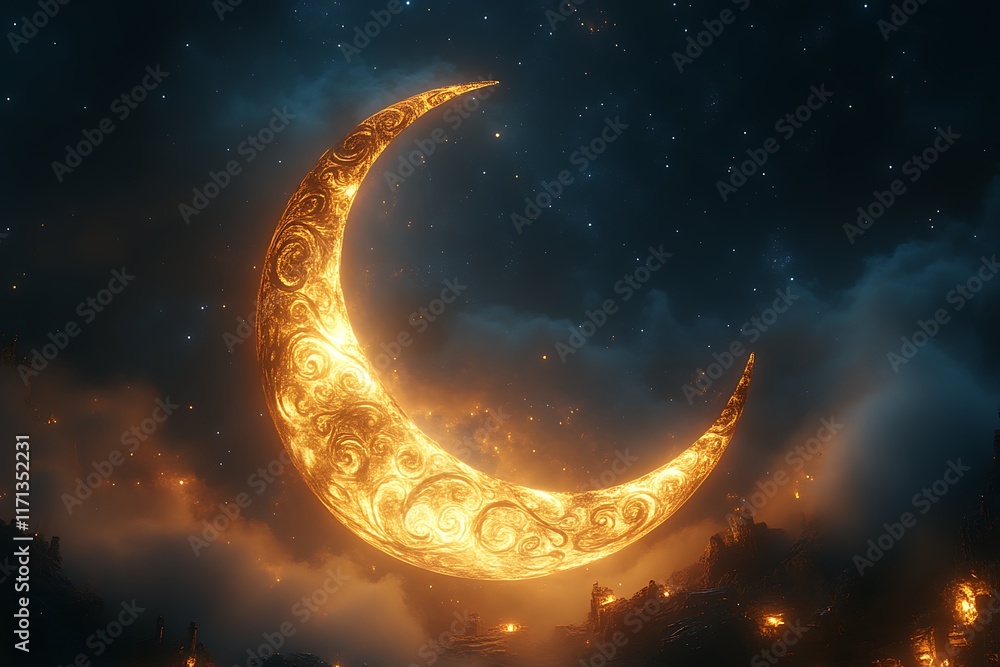 Glowing crescent moon above a mystical landscape at night. Glowing crescent moon above a mystical landscape at night.