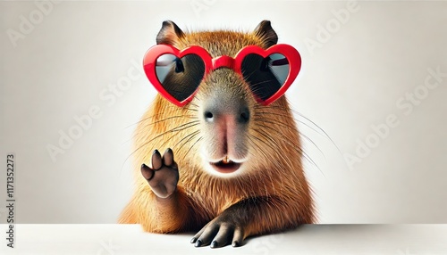 Quirky Capybara Rocks Stylish Red Heart Sunglasses in Playful Portrait