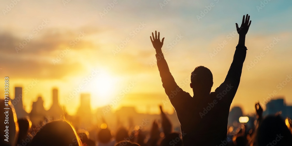 A silhouette of a person with raised arms against a vibrant sunset, symbolizing celebration, freedom, and connection with nature. A silhouette of a person with raised arms against a vibrant sunset, symbolizing celebration, freedom, and connection with nature.