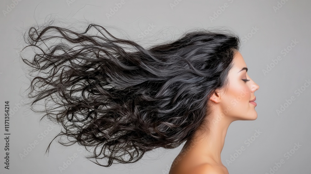Naklejka premium Flowing Curly Hair of a Beautiful Woman in Profile with Windblown Effect and Soft Light on a Neutral Gray Background