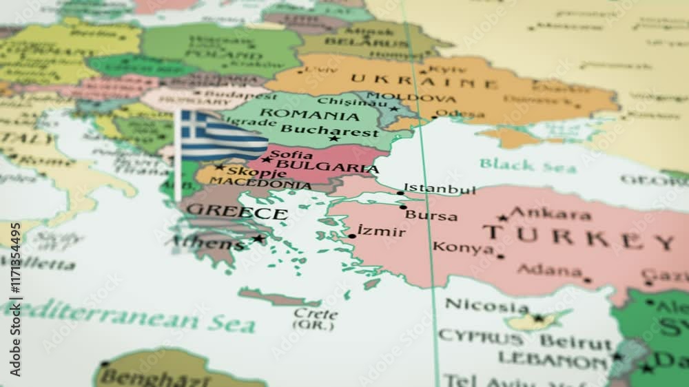 The camera rotating around Greece, on the world map takes the focus. The Greece flag is waving. Greece flag waving on the map 4K Animation. The camera rotating around Greece, on the world map takes the focus. The Greece flag is waving. Greece flag waving on the map 4K Animation.