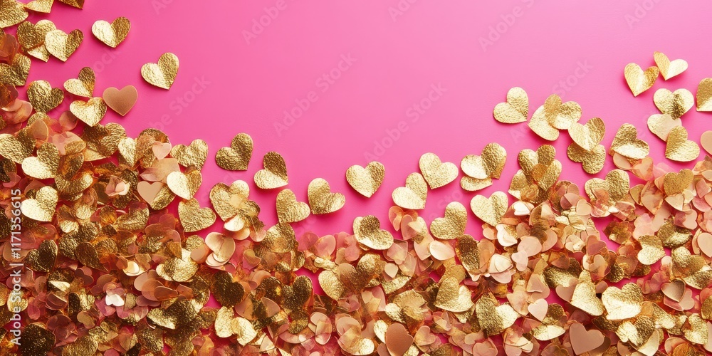 Fototapeta premium A delightful pink backdrop adorned with shimmering gold hearts, perfect for celebrating love and affection this Valentine's Day.
