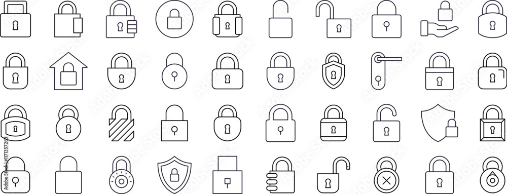 Lock Line Icon Collection. Door and Padlock Outline Signs for Graphic and Web Design, Apps, Adverts, Various Cards Lock Line Icon Collection. Door and Padlock Outline Signs for Graphic and Web Design, Apps, Adverts, Various Cards