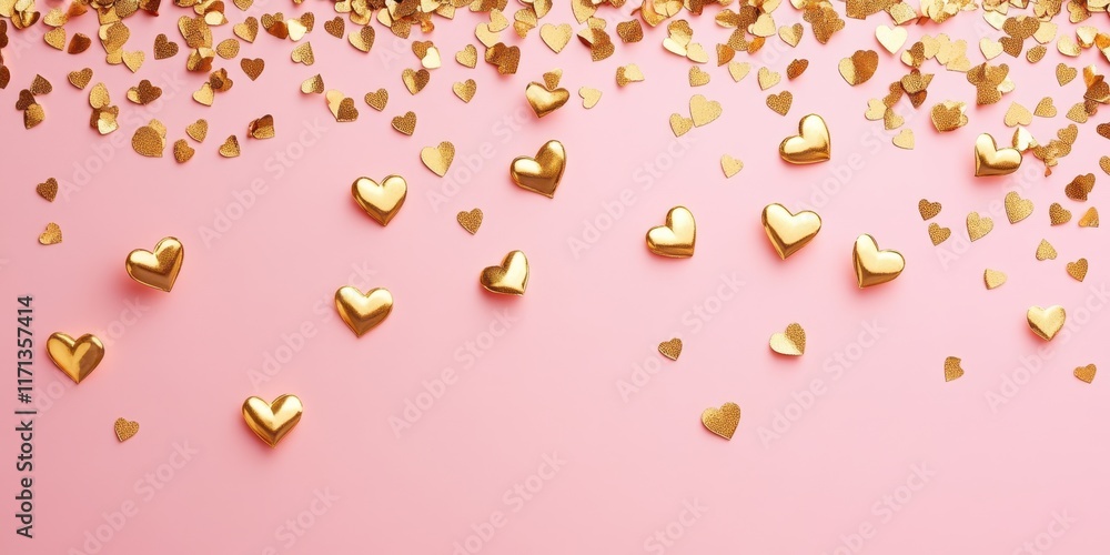 Golden hearts float gracefully across a soft pink canvas, creating a romantic atmosphere perfect for celebrating love on Valentine's Day.