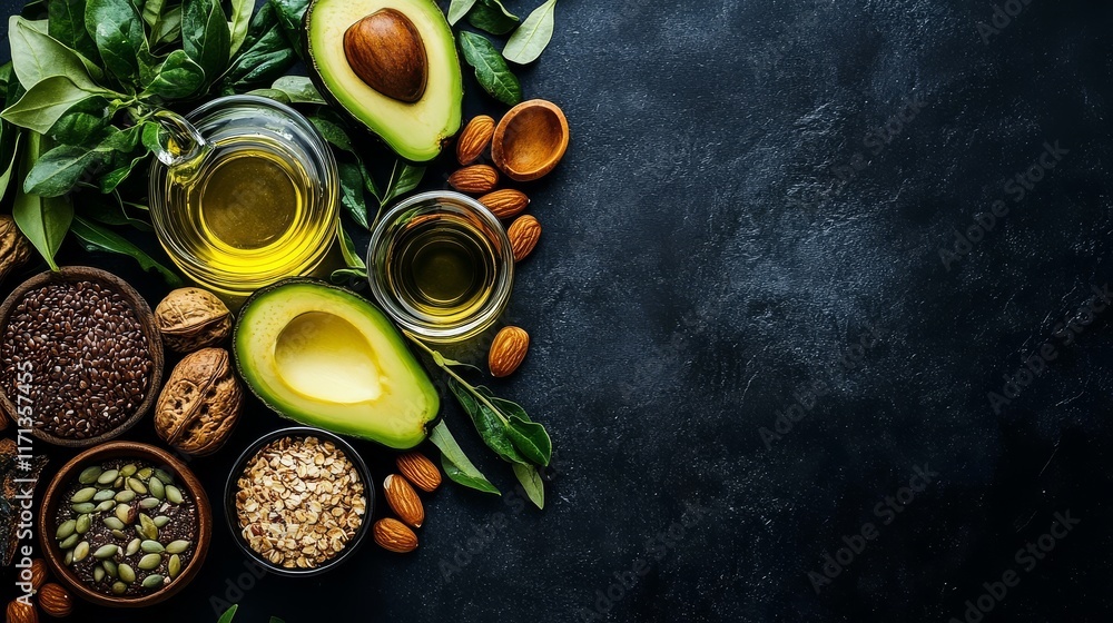 A selection of healthy fats including avocados, nuts, seeds, and olive oil. A selection of healthy fats including avocados, nuts, seeds, and olive oil.