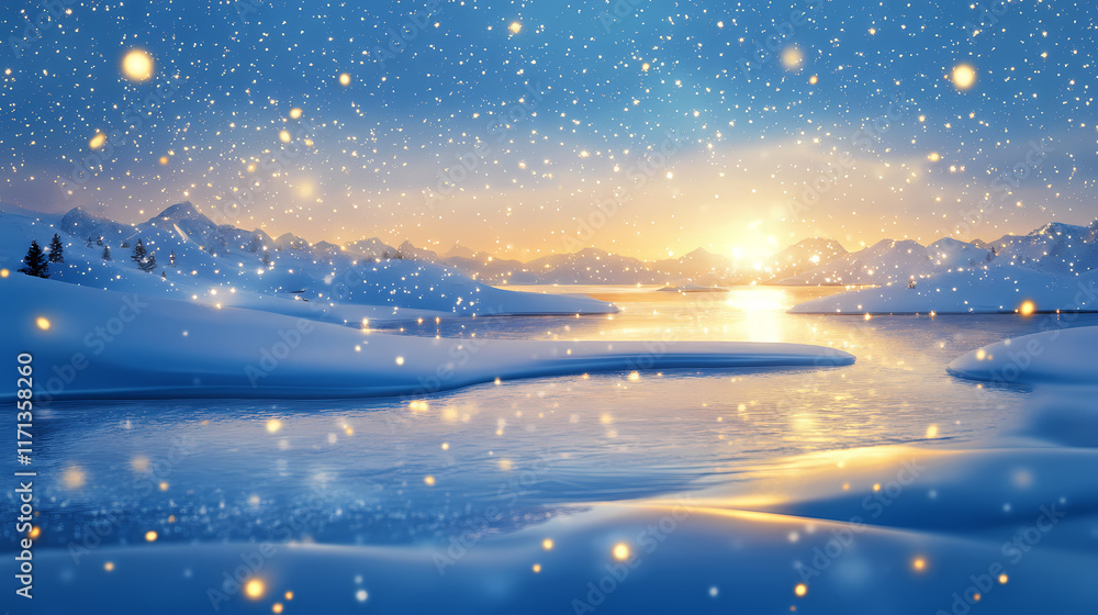 Naklejka premium Arctic twilight elegance. icy blue surface with drifting gold powder. luxurious winter wonderland. sophisticated celebration backdrop. Twilit. Illustration