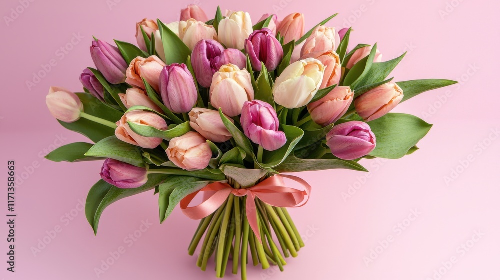 Bouquet of pink tulips and gift box on blue background. Mothers day, Valentines Day, Birthday celebration concept. Mockup for Greeting card. Copy space for text, top view. Vertical banner Bouquet of pink tulips and gift box on blue background. Mothers day, Valentines Day, Birthday celebration concept. Mockup for Greeting card. Copy space for text, top view. Vertical banner