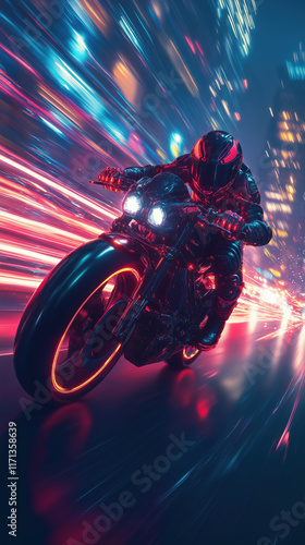 High speed motorcyclist in neon red and black gear speeding with traffic lines against the backdrop of a night city. Motorcycle with glowing wheels that create a sense of speed. photo