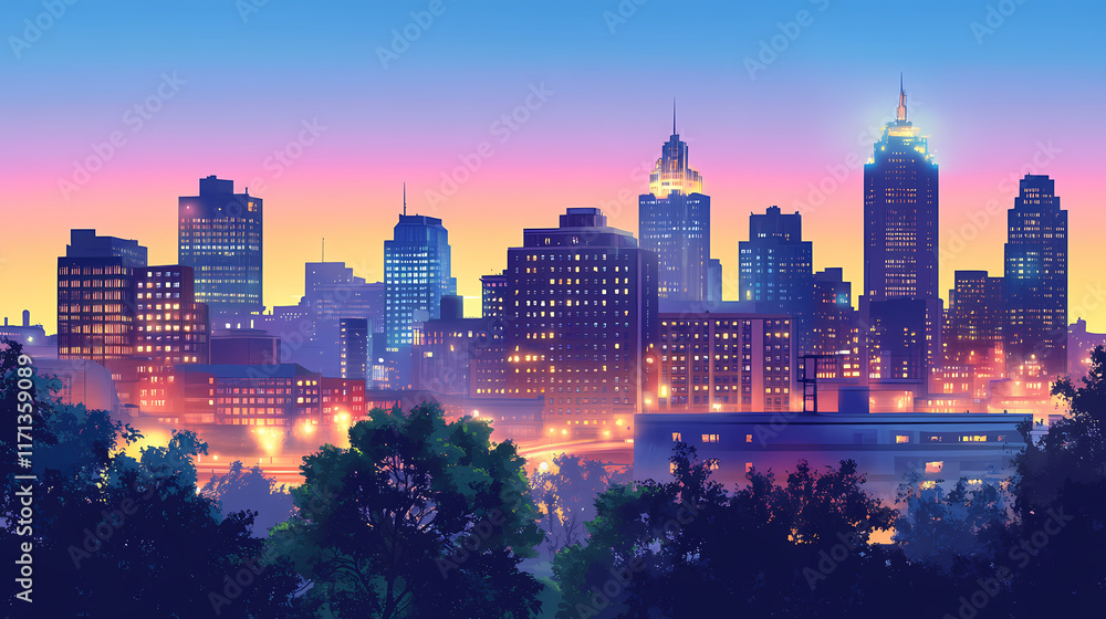 Obraz premium Beautiful youngstown ohio skyline at dusk with illuminated buildings and clear blue sky background. Twilit. Illustration