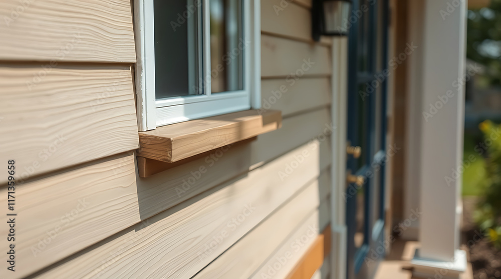 Fototapeta premium Close-up view of a light beige wood-grain siding house exterior. A window with a simple, light brown wooden window sill is the focus. A portion of a dark blue door is visible in the blurred background