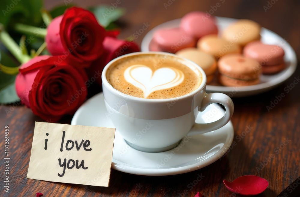 Romantic coffee setting with roses, macarons, and heart latte art Romantic coffee setting with roses, macarons, and heart latte art